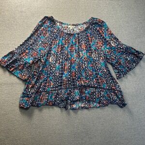 Boho Peasant Blouse 3/4 Womens XL Floral Bell Sleeve Blue Top Studio JPR